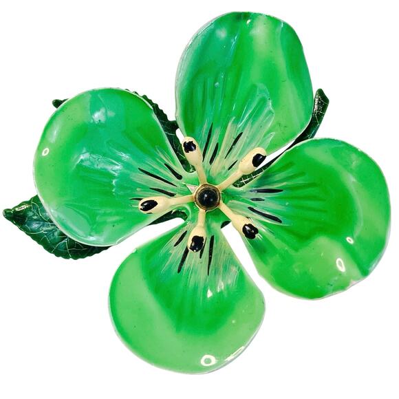 Vintage 1960s Green Enamel Flower Brooch Layered Leaves Mod Mid Century Pin - Picture 1 of 10